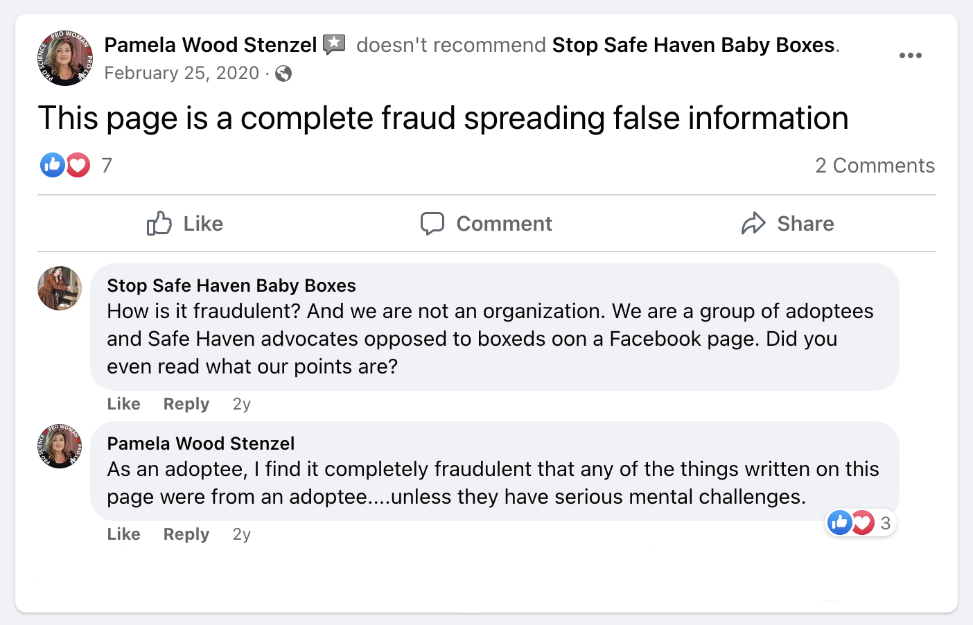 Screenshot of Pamela Wood Stenzel's review of the Facebook page of Stop Safe Haven Baby Boxes, in which she says "Pamela Wood Stenzel doesn't recommend Stop Safe Haven Baby Boxes. February 25, 2020. This page is a complete fraud spreading false information.

As an adoptee, I find it completely fraudulent that any of the things written on this page were from an adoptee....unless they have serious mental challenges."
