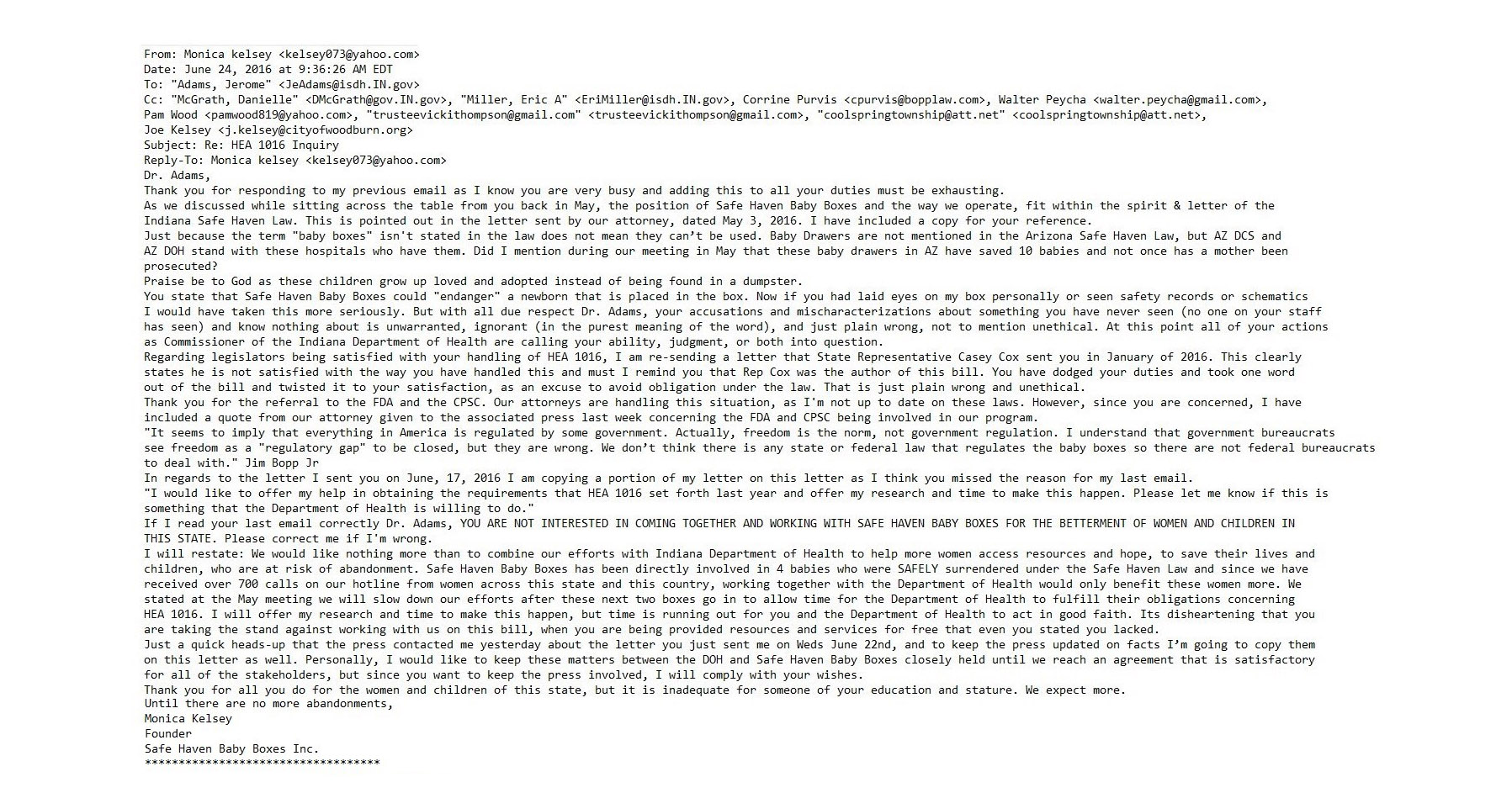 Email From Monica Kelsey To Dr Jerome M Adams June 24 2016 Stop Baby Boxes Now 