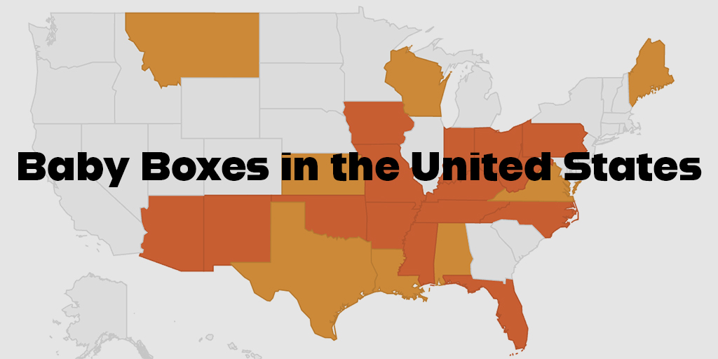 Color-coded map of baby box laws and locations in the United States